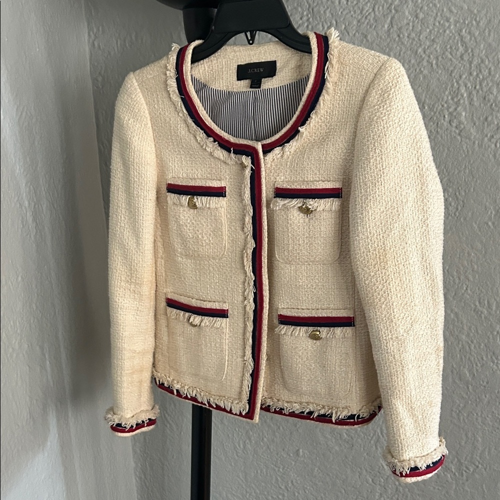 J. Crew Cream Bouclé Jacket with Red and Navy Trim